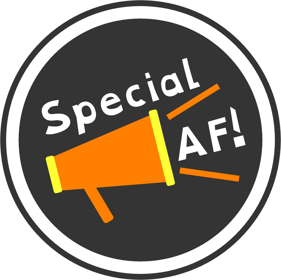 Special AF logo An orange Megaphone with the word 'special' above it, and 'AF!' coming from the mouth of the megaphone.